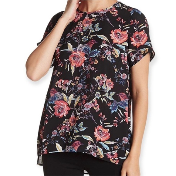 DR2 Petite Medium Daniel Rainn Floral And Birds Black Top Blouse Shirt - Picture 1 of 7